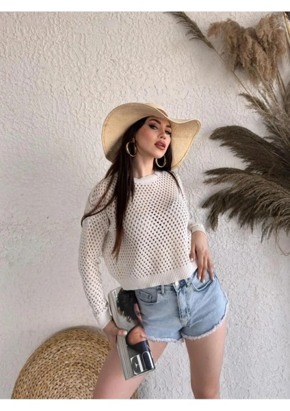 Bisiklet Yaka Triko Delıklı Kazak - Krem