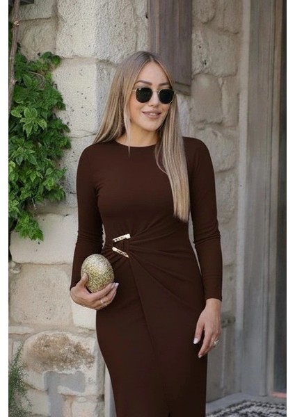 Kadın Uzun Kollu Önden Çapraz Detaylı Yandan Toka Detaylı Uzun Sandy Elbise fiyatları