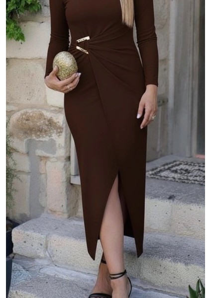 Kadın Uzun Kollu Önden Çapraz Detaylı Yandan Toka Detaylı Uzun Sandy Elbise modelleri