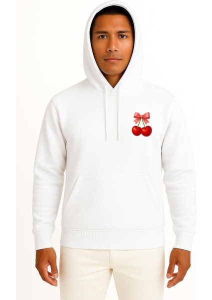 Kapüşonlu Kiraz Cep Tasarımlı Unisex Sweatshirt