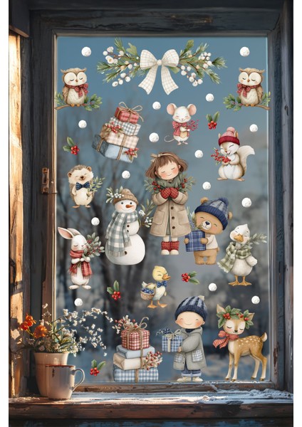 Kış Masalı Cam Sticker Seti – Sevimli Hayvanlar ve Çocuk Figürleri, Çift Taraflı Baskı, 98 Parça