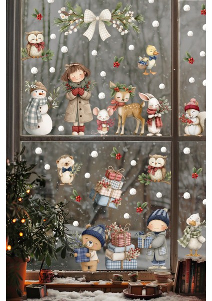Kış Masalı Cam Sticker Seti – Sevimli Hayvanlar ve Çocuk Figürleri, Çift Taraflı Baskı, 98 Parça fiyatları