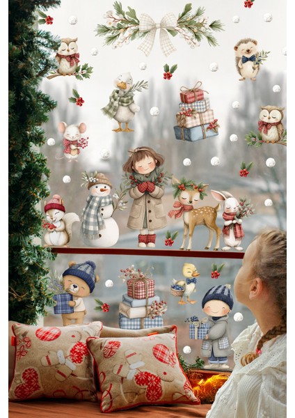 Kış Masalı Cam Sticker Seti – Sevimli Hayvanlar ve Çocuk Figürleri, Çift Taraflı Baskı, 98 Parça modelleri