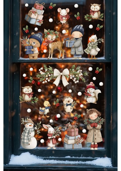 Kış Masalı Cam Sticker Seti – Sevimli Hayvanlar ve Çocuk Figürleri, Çift Taraflı Baskı, 98 Parça fırsatları