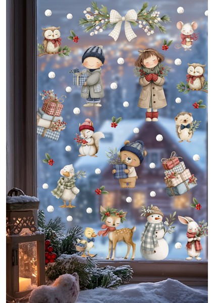 Kış Masalı Cam Sticker Seti – Sevimli Hayvanlar ve Çocuk Figürleri, Çift Taraflı Baskı, 98 Parça indirimleri