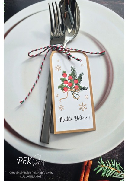 Yılbaşı Sofrası Süsü Çatal Bıçak Ipli Kart Yılbaşı Hediye Kartı Kokina Tasarım 10LU Paket