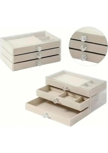 3 Çekmeceli Bölmeli Şeffaf Takı Kutusu | Mücevher Saklama Kutusu Krem Renk Seçeneği modelleri