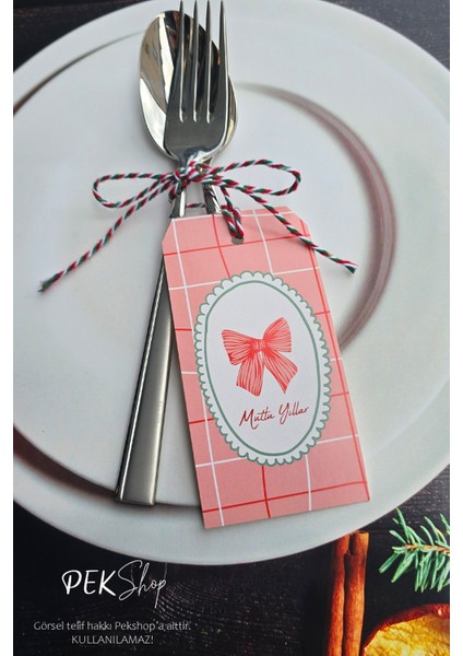Yılbaşı Sofrası Süsü Çatal Bıçak Ipli Kart Yılbaşı Hediye Kartı Fiyonk Model 10LU Paket