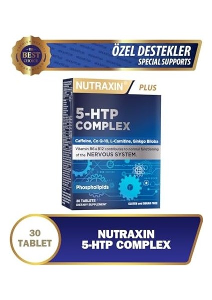 Nutraxin 5-Htp Complex 30 Tablet – L-Karnitin, Ginkgo Biloba, Coq-10, Vitamin B6 & B12, Çinko ve Bitkisel Ekstreli Ruhsal ve Zihinsel Destek Takviyesi modelleri