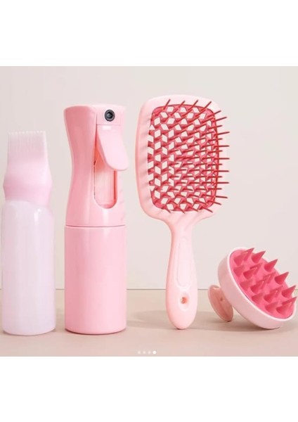 4'ü 1 Arada Saç Bakım Seti, Sprey Şişesi, Yağ Uygulama Şişesi, Masaj Tarağı ve Saç Açıcı Tarak, Pembe