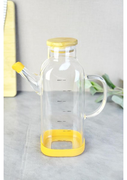 800 ml Bambu Kapaklı Borosilikat Cam Kare Yağlık