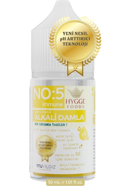 Hyggefoods Yeni Nesil Alkali Damla No.5 Immune - Ph Arttırıcı - Su Içmeye Yardımcı - 30 ml