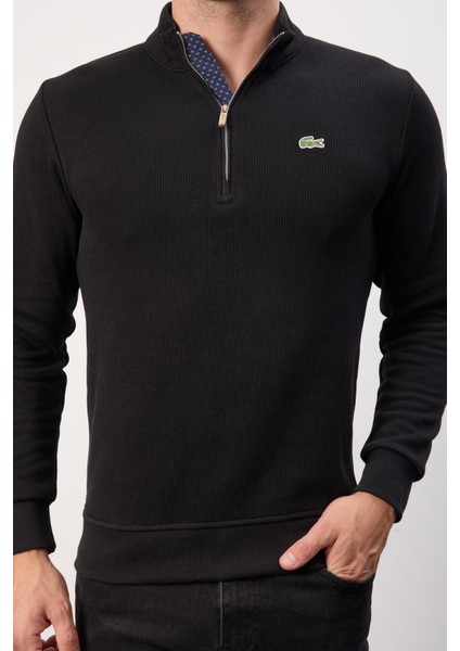 Fermuarlı Yaka Siyah Dar Kesim Erkek Triko