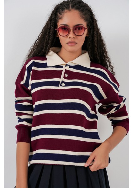 Kadın Çizgili Polo Yaka Triko Kazak 15952 - Bordo