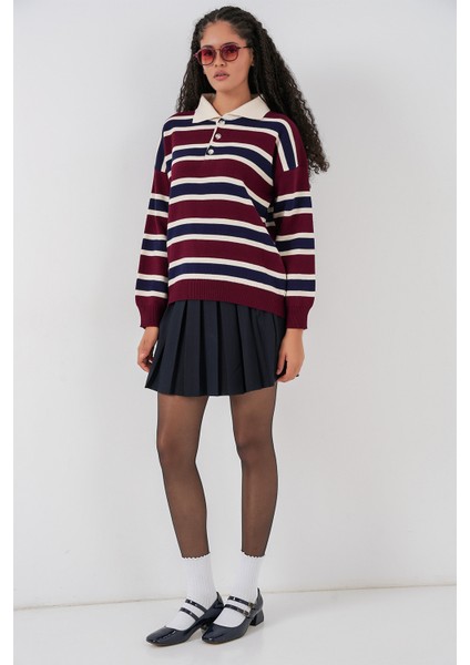 Kadın Çizgili Polo Yaka Triko Kazak 15952 - Bordo fiyatları
