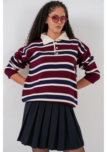 Kadın Çizgili Polo Yaka Triko Kazak 15952 - Bordo modelleri