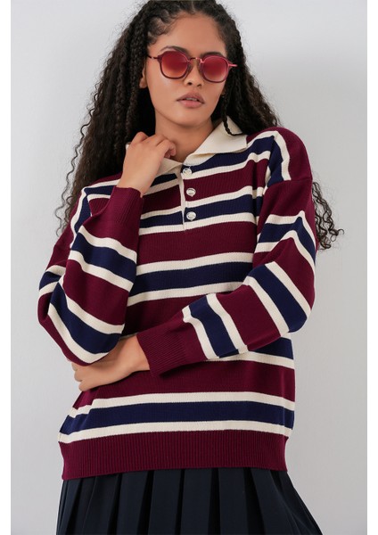 Kadın Çizgili Polo Yaka Triko Kazak 15952 - Bordo fırsatları