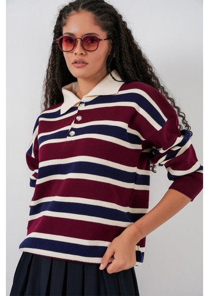 Kadın Çizgili Polo Yaka Triko Kazak 15952 - Bordo indirimleri