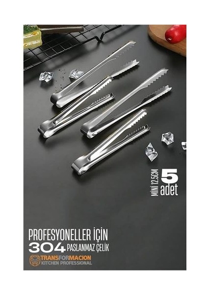 Mini 12.5 cm Buz Maşası - Şeker Limon Maşası Kokteyl Servis Maşası 5 Li Paket 304 Paslanmaz Çelik