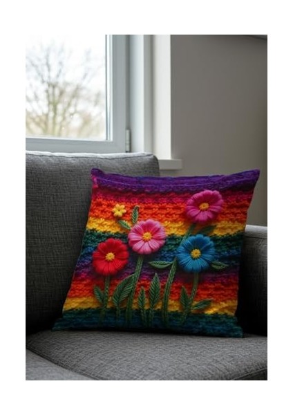 Nakış Desen Baskılı Premium Kadife Çiçek Desenli Baskılı Kırlent Kılıfı, 2'li Set, Mor-Pembe Ilkbahar Temalı, Fermuarlı fiyatları