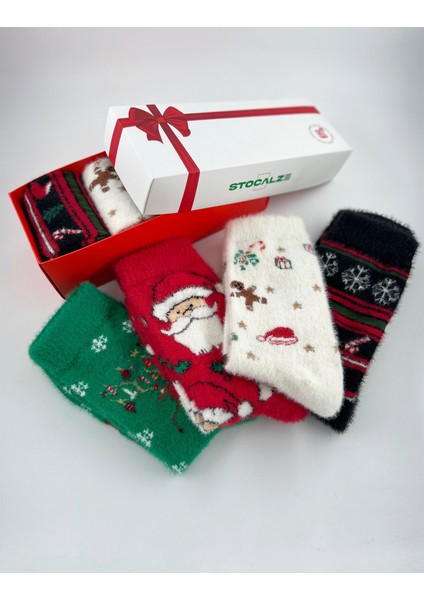 4’lü Kutulu Yılbaşı Temalı Çorap Seti. Ekstra Soft Pelüş Yün Pamuk Karışımlı Unisex Kışlık Çorap