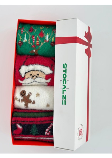 4’lü Kutulu Yılbaşı Temalı Çorap Seti. Ekstra Soft Pelüş Yün Pamuk Karışımlı Unisex Kışlık Çorap indirimleri