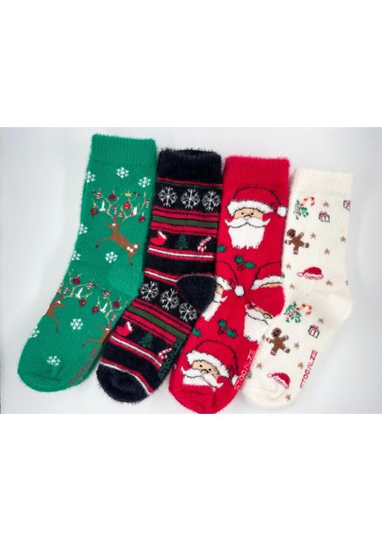 4’lü Kutulu Yılbaşı Temalı Çorap Seti. Ekstra Soft Pelüş Yün Pamuk Karışımlı Unisex Kışlık Çorap