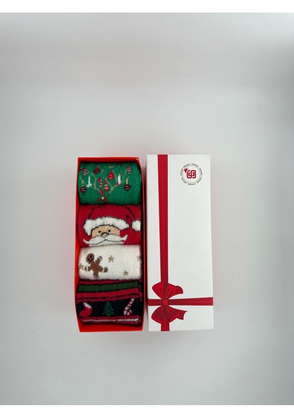 4’lü Kutulu Yılbaşı Temalı Çorap Seti. Ekstra Soft Pelüş Yün Pamuk Karışımlı Unisex Kışlık Çorap