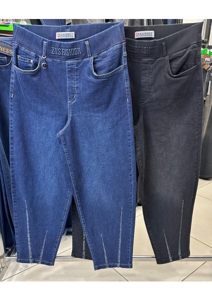 Büyük Beden Lastikli Yüksek Belli Likralı Geniş Kalıp Mom Kadın Taşlı Kot Pantolon fırsatları