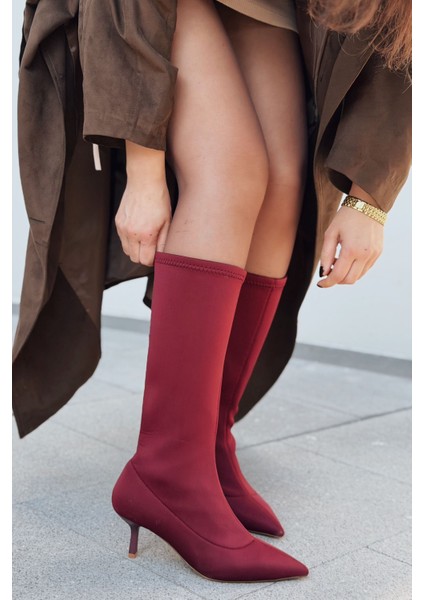 Ralve Kadın Topuklu Streç Çizme Bordo Dalgıç Kumaş