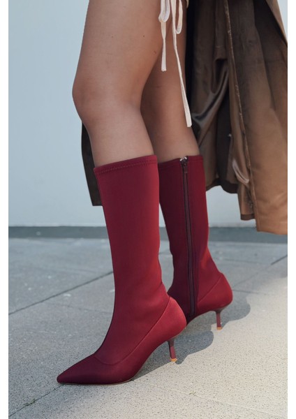 Ralve Kadın Topuklu Streç Çizme Bordo Dalgıç Kumaş modelleri