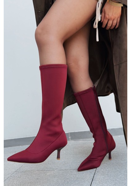 Ralve Kadın Topuklu Streç Çizme Bordo Dalgıç Kumaş fırsatları