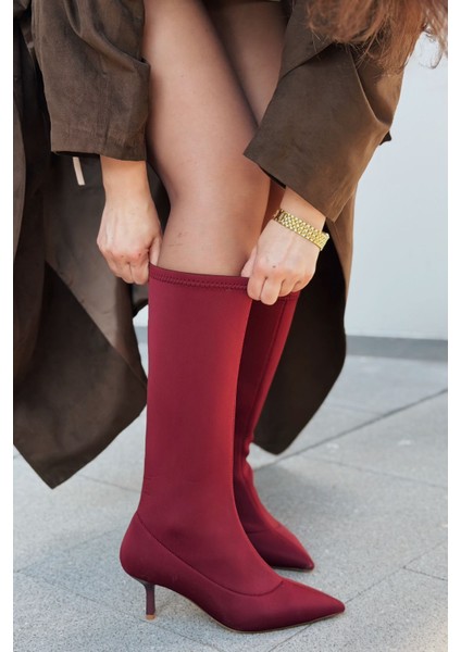 Ralve Kadın Topuklu Streç Çizme Bordo Dalgıç Kumaş indirimleri