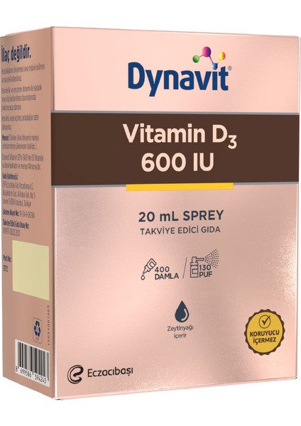 Vitamin D3 600 IU 20 ml Sprey - Dezenfektan Hediyeli - %72 Alkol