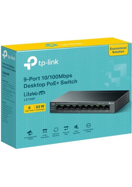 Tp-Lınk LS109P 8 Port 10/100 +1 Port RJ45 Uplınk 63W 250 Metre Poe Mesafe Metal Kasa Swıtch