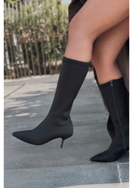 Ralve Kadın Topuklu Streç Çizme Siyah Dalgıç Kumaş