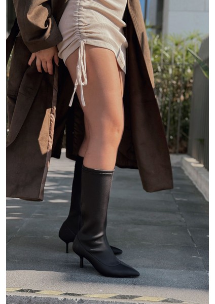 Ralve Kadın Topuklu Streç Çizme Siyah Dalgıç Kumaş modelleri