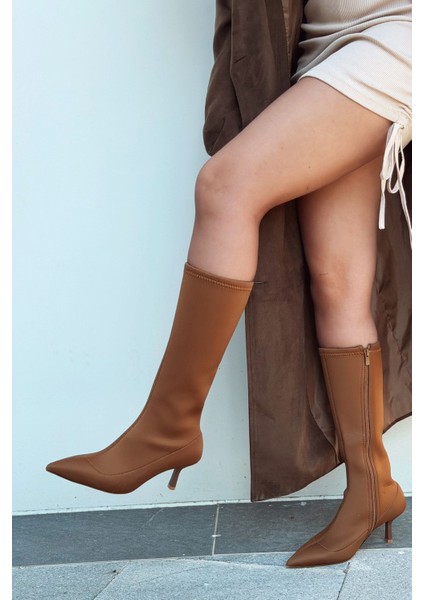 Ralve Kadın Topuklu Streç Çizme Taba Dalgıç Kumaş