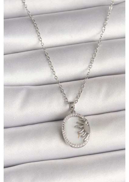 316L Çelik Gümüş Renk Zincir Beyaz Mineli Gün Batımı Model Zirkon Taş Detaylı Kadın Kolye