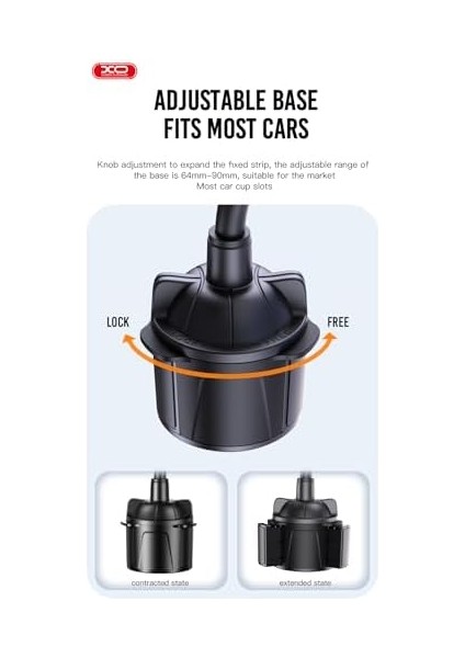 Xo Is Beauty C105 Bardak Tutucuya Monte Araç Içi Telefon Tutucu, 360° Dönebilen, Otomatik Kilitli, Ayarlanabilir 3D Slikon Kablo, Kolay Kurulum, Siyah modelleri