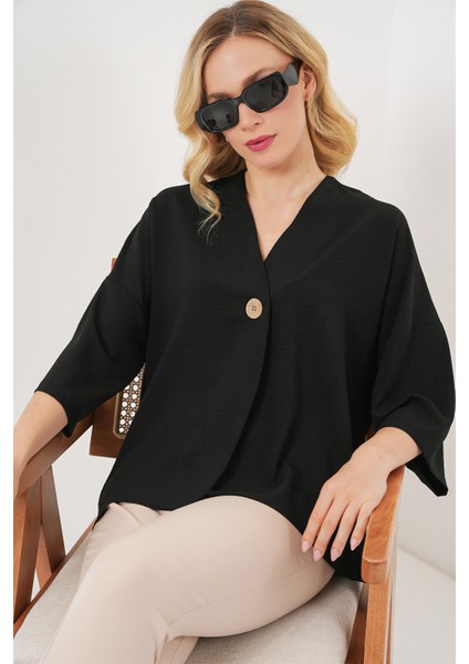 Kadın Kısa Kol Oversize Kimono 5969 - Siyah