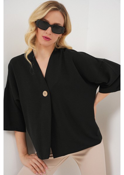 Kadın Kısa Kol Oversize Kimono 5969 - Siyah modelleri