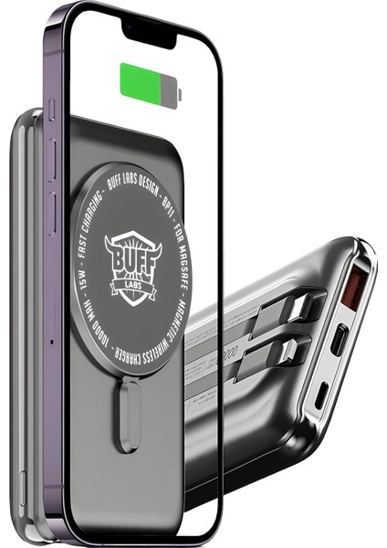 Labs BP11 10000 Mah Uyumlu Dahili Kablolu Taşınabilir Manyetik Powerbank (Gri)
