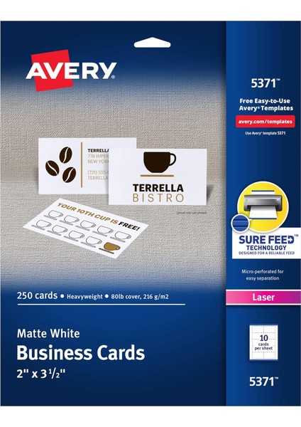 Yazdırılabilir Kartvizitler, Yazıcılar, 250 Kart, 2 x 3.5 (5371)