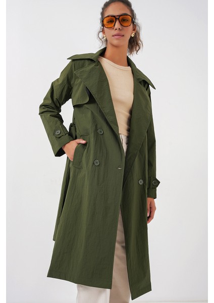 5938 Kruvaze Yaka Trençkot - Haki