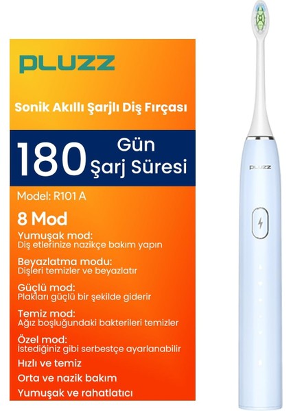 Pluzz Smart Sonic Elektrikli Şarjlı Diş Fırçası Pembe 180 Gün Şarj Süresi (Mavi) fiyatları
