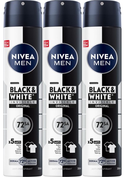 Nıvea Men Erkek Sprey Deodorant Black&white Invisible Original 200ML, 72 Saat Anti-Perspirant, X3 Adet, Avantajlı Set fiyatları