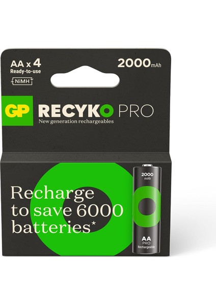 Gp Batteries Recyko Pro Aa Kalem Ni-Mh Şarjlı Pil, 1.2 Volt, 4'lü Kart