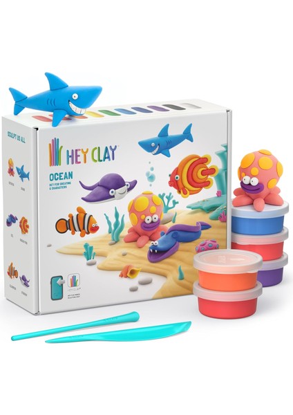 Clay Okyanus Seti - Hava ile Kuruyan 15 Kutu Kil Seti ve Şekillendirme Aletleri ile ve Etkileşimli Talimatlar Uygulaması