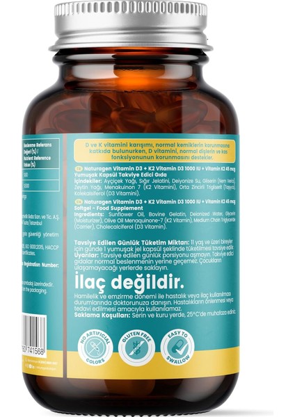 Naturagen Vitamin D3 + K2 1000 Iu 60 Kapsül | Glutensiz Kolay Yutulabilir Vitamin D3 K2 | 60 Yumuşak Jel Kapsül - 2 Aylık fiyatları